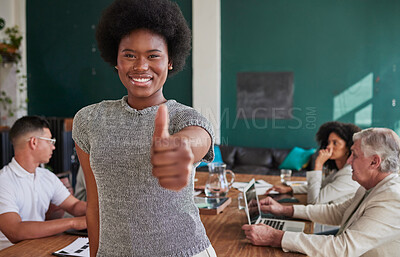 Buy stock photo Happy black woman, portrait and thumbs up in meeting, business success or winning together at office. African female person or employee smile with like emoji, yes sign or OK in teamwork or agreement