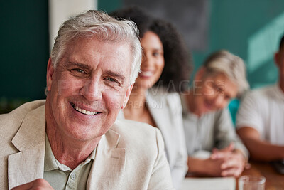 Buy stock photo Mature businessman, portrait and meeting with staff, management or happy ceo with business people in workplace. Executive, man and smile of accountant, manager or entrepreneur work in London office