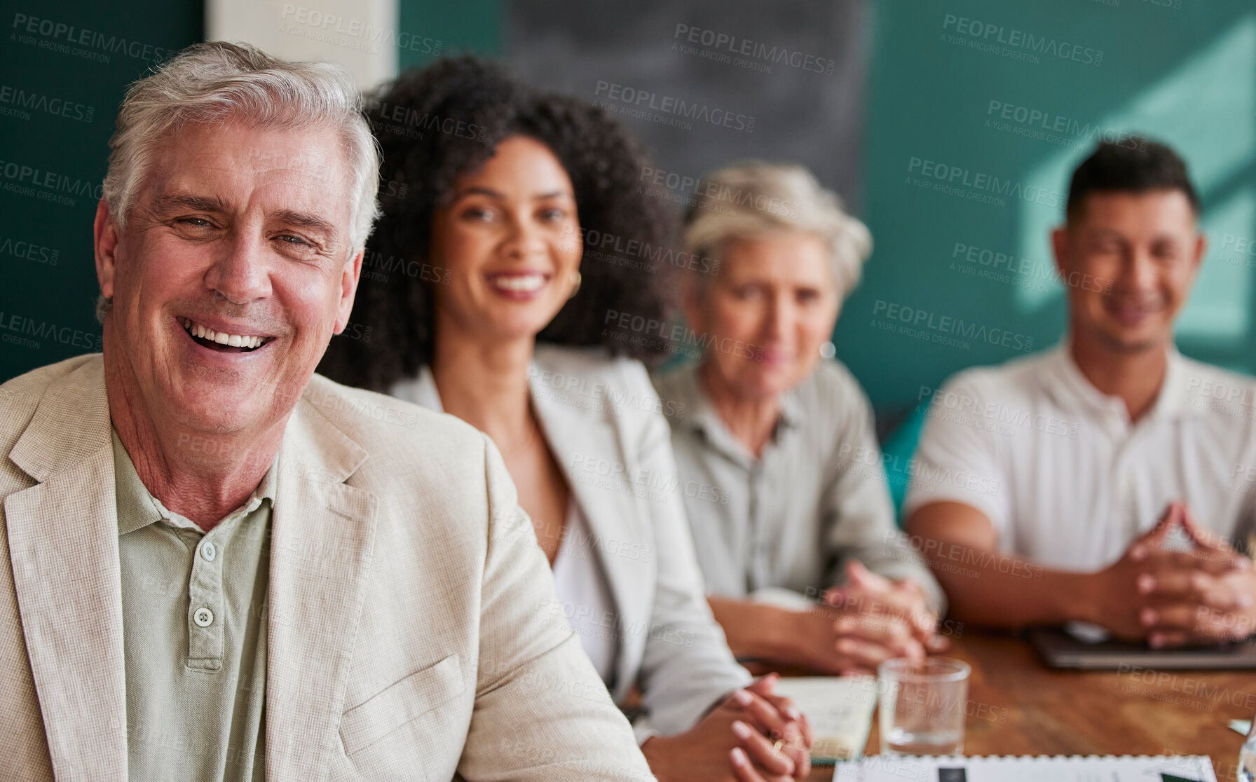 Buy stock photo Meeting, manager and portrait of business people in office for discussion on corporate finance project. Smile, happy and senior leader with team of accountants working in collaboration in workplace.