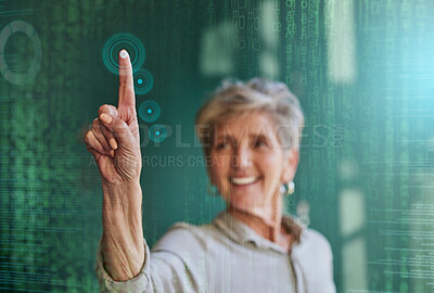 Buy stock photo Business woman, press and screen hologram for biometric information, cybersecurity and information technology. Professional manager for fingerprint coding, data protection or gdpr software in overlay