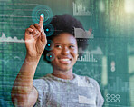 Happy black woman, hand and HUD in UI, UX or data analytics and statistics on digital overlay. African female person smile or touching dashboard in futuristic innovation or virtual reality technology