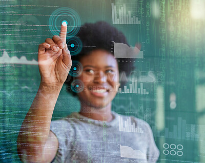 Buy stock photo Happy black woman, hand and HUD in UI, UX or data analytics and statistics on digital overlay. African female person smile or touching dashboard in futuristic innovation or virtual reality technology