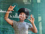 Hologram, virtual panel or business black woman typing on stock market dashboard, graph or economy analytics. Future data analysis, matrix code digital transformation or African trader trading crypto