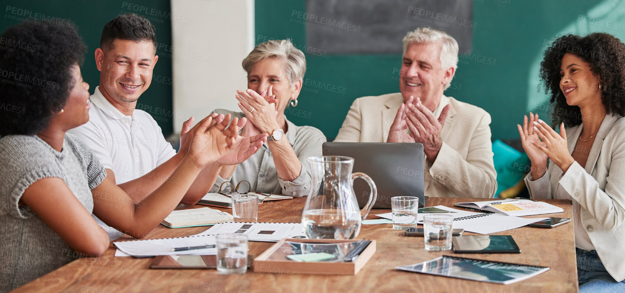 Buy stock photo Applause, business people and celebrate success in a meeting with pride and teamwork. Corporate men and women group clapping in office for growth, achievement and promotion or win with diversity
