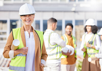 Buy stock photo Senior woman, architect and blueprint, inspection at construction site with maintenance, contractor and smile in portrait. Leadership, floor plan and engineering, urban infrastructure and renovation