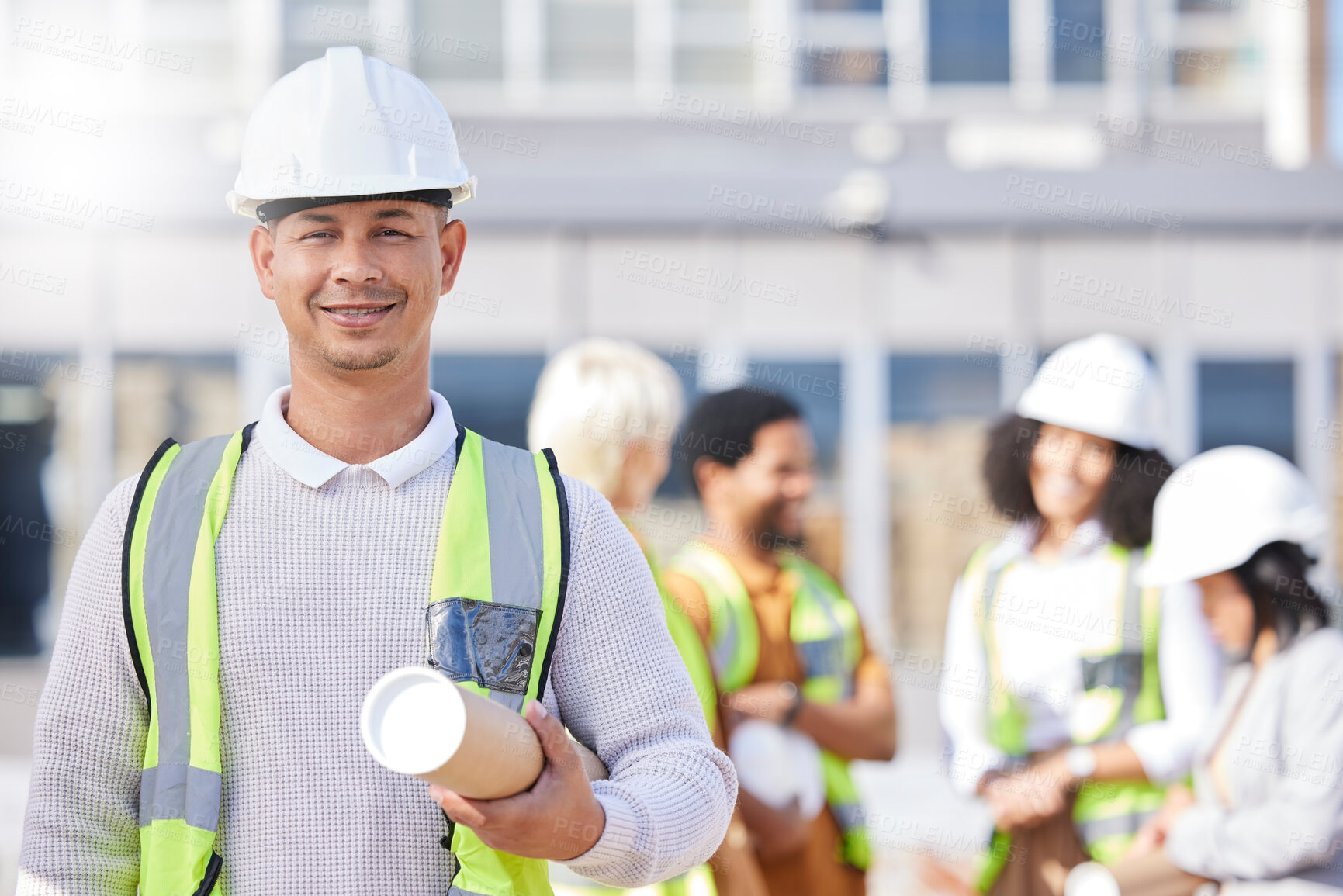 Buy stock photo Man, engineering portrait and city with tools for construction, project management or outdoor blueprint design. Happy face of architecture person, contractor or manager, urban building and leadership