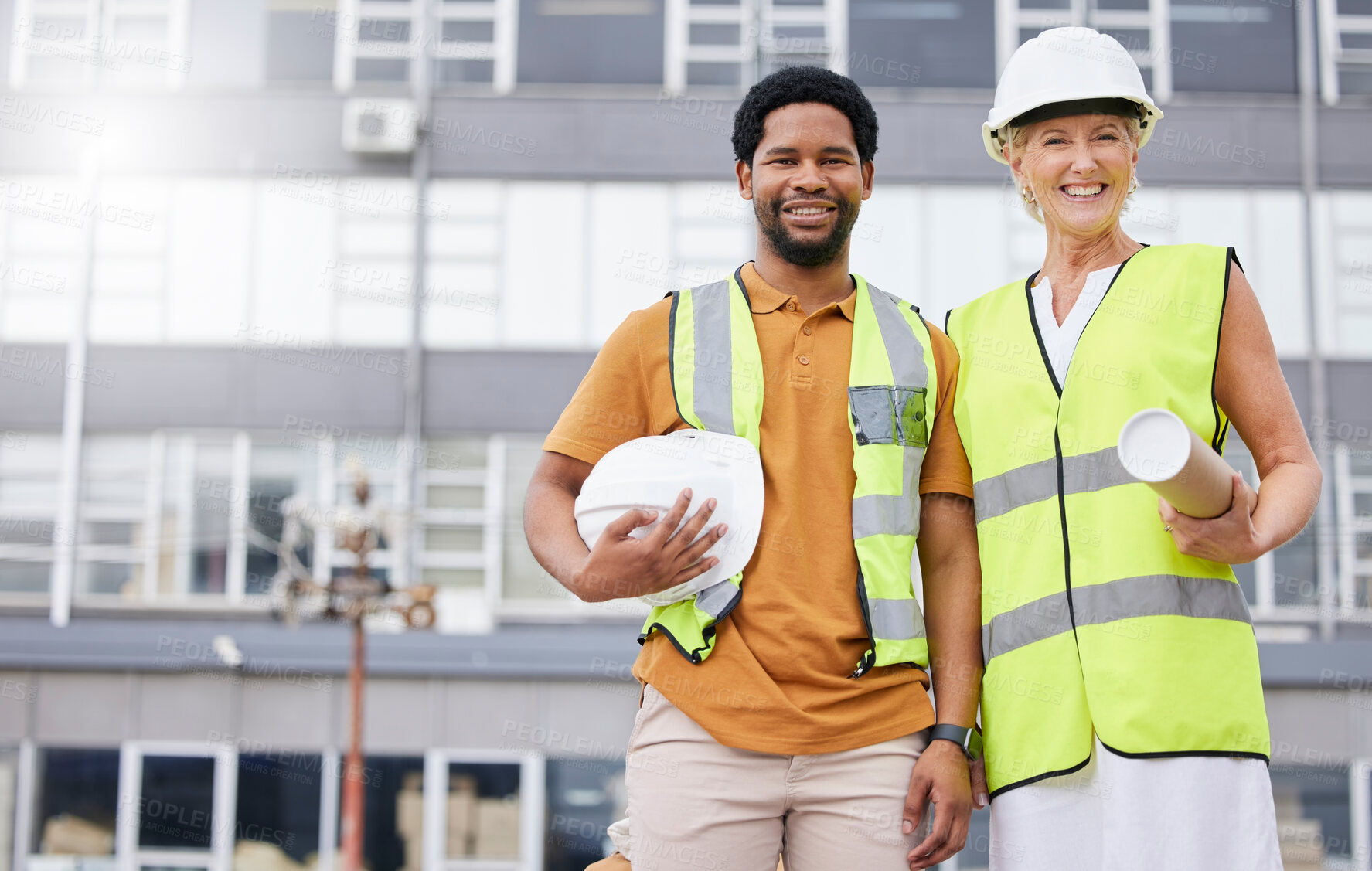 Buy stock photo Portrait of man, woman and civil engineering at construction site for property development, maintenance and project management. Happy team, architecture and industrial planning for building in city 
