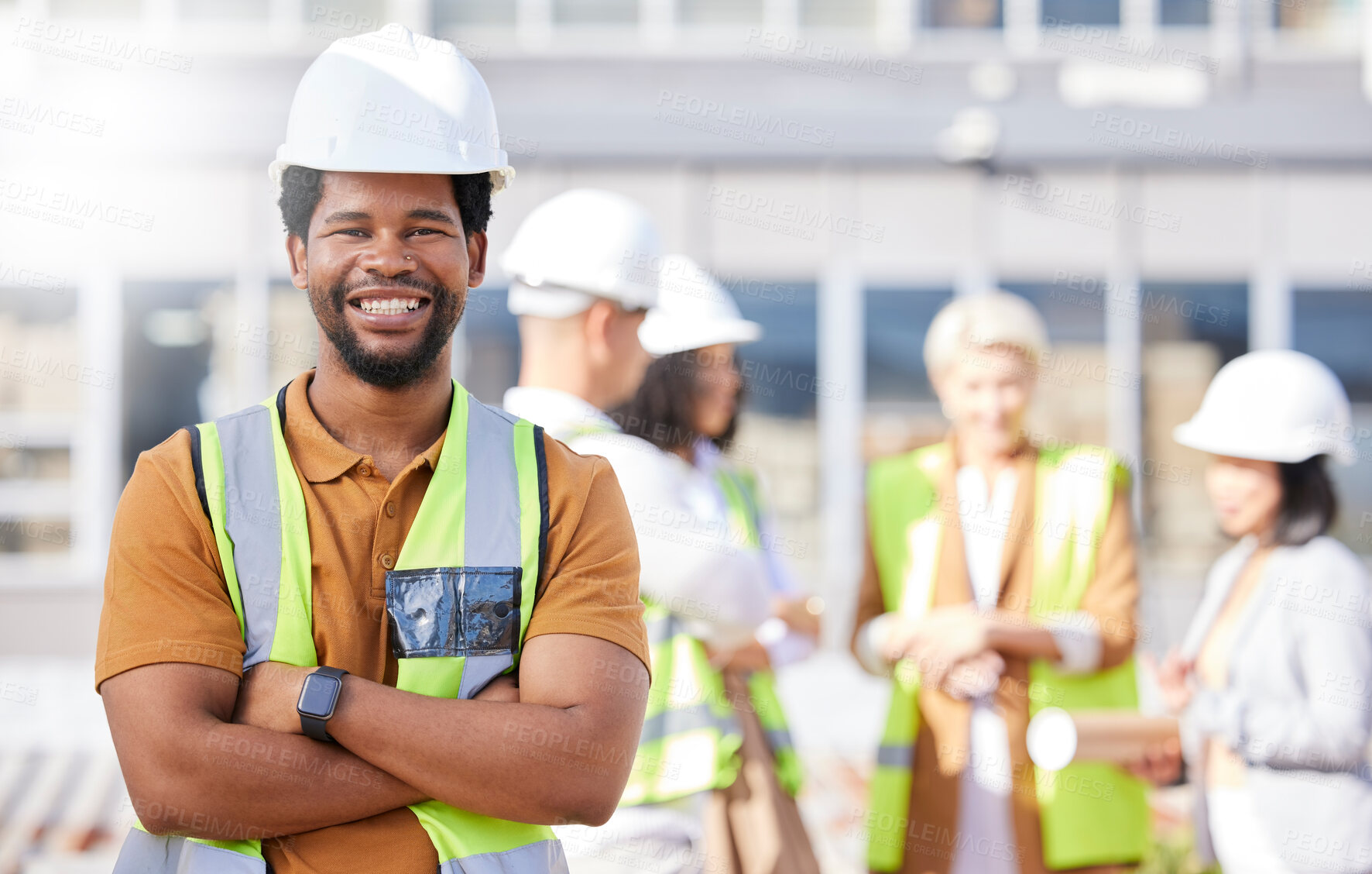 Buy stock photo Black man, architect and arms crossed, construction site and maintenance, contractor job and smile in portrait. African engineer, confident and professional with urban infrastructure and renovation