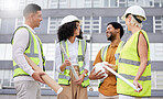 Construction worker, happy people and engineering, architecture or planning project in city or urban development. Contractor, builder or industrial designer laugh in group collaboration for building