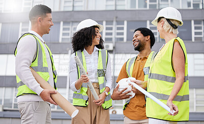 Buy stock photo Construction worker, happy people and engineering, architecture or planning project in city or urban development. Contractor, builder or industrial designer laugh in group collaboration for building