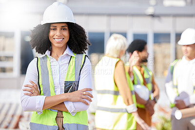 Buy stock photo Woman, architect and arms crossed, construction site with maintenance, contractor job and smile in portrait outdoor. Professional, confident and civil engineering, urban infrastructure and renovation