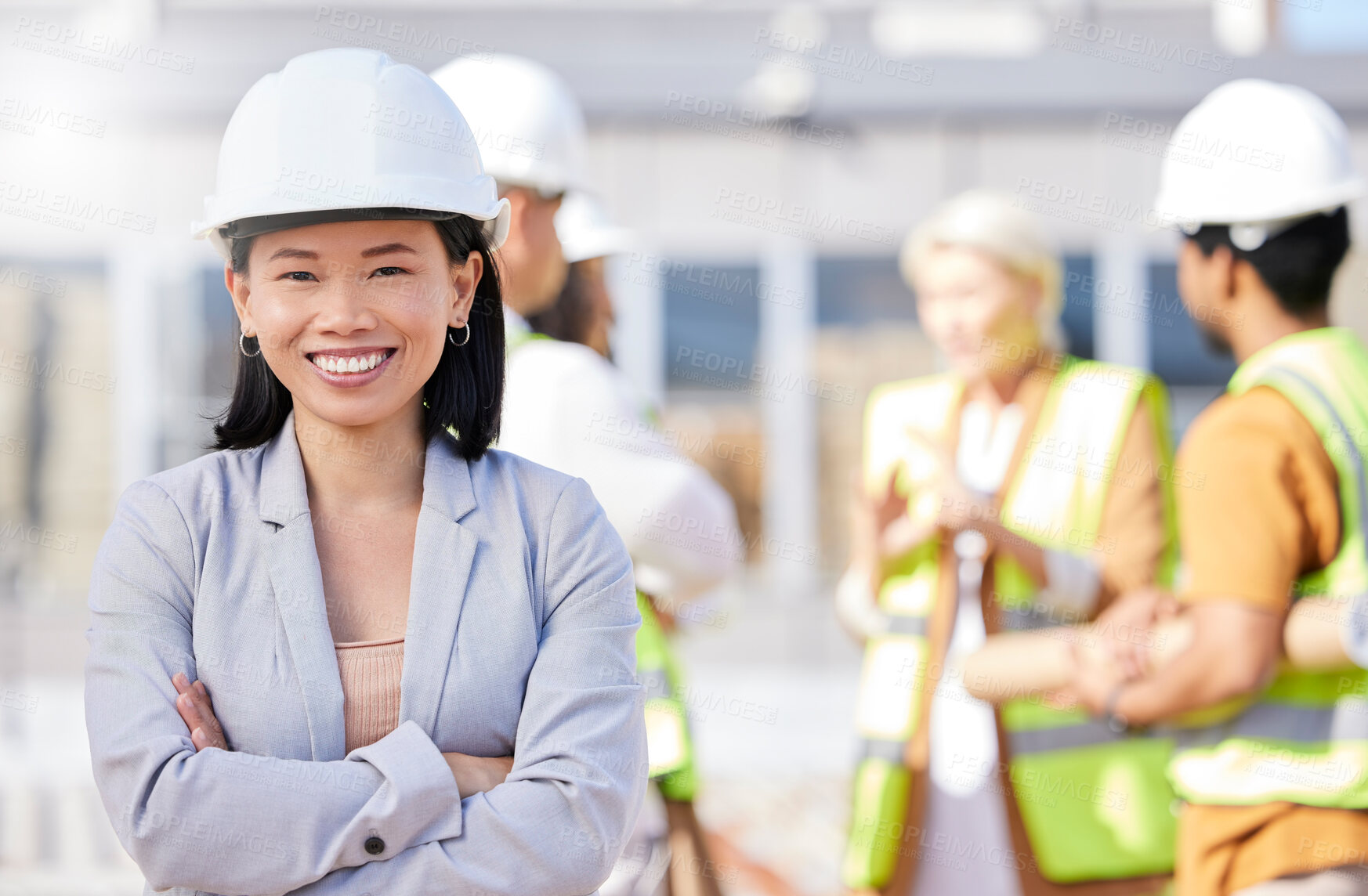 Buy stock photo Construction worker, architecture and Asian woman on engineering site with team or designers for property renovation. Portrait, professional and arms crossed of project leader for building inspection