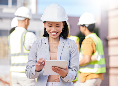 Buy stock photo Tablet, woman in engineering and architect on construction site with building engineer group for team planning, inspection and property renovation. Smile, Asian person and project leader for repair
