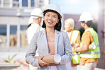 Woman, engineering portrait and construction site, project management or outdoor building design. Happy asian person or architecture manager with urban development, property renovation and leadership