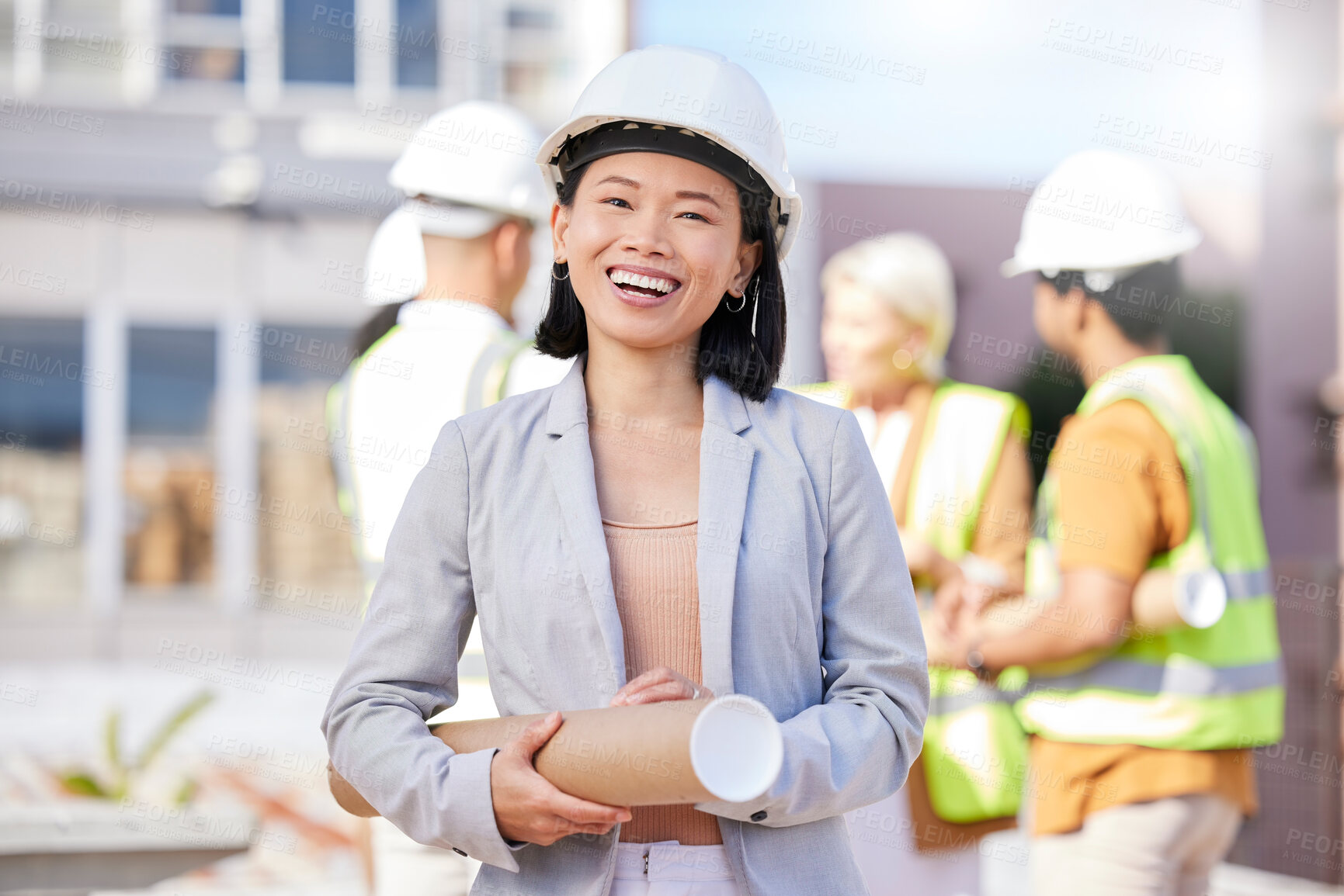 Buy stock photo Woman, engineering portrait and construction site, project management or outdoor building design. Happy asian person or architecture manager with urban development, property renovation and leadership