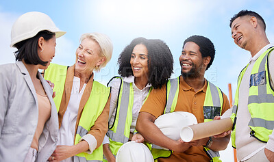 Buy stock photo Engineering team, happy people and construction, architecture or planning project of outdoor development. Building contractor, industrial designer and funny discussion in group diversity and planning