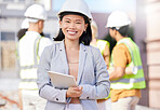Woman, architect and tablet, inspection at construction site with maintenance, contractor and smile in portrait. Asian engineer, check digital floor plan and tech, urban infrastructure and renovation
