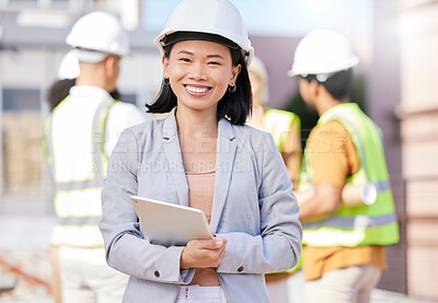 Buy stock photo Woman, architect and tablet, inspection at construction site with maintenance, contractor and smile in portrait. Asian engineer, check digital floor plan and tech, urban infrastructure and renovation
