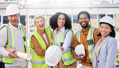 Buy stock photo Team, architecture and helmet, happiness and construction with maintenance, people outdoor and diversity in portrait. Engineering, property development with urban infrastructure and collaboration
