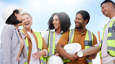 Buy stock photo Architecture team, happy people and construction, engineering or planning project of outdoor development. Building contractor, industrial designer and funny discussion in group diversity and planning