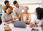 Business people, teamwork and planning on laptop for marketing, collaboration or happy presentation in meeting. Professional manager and group of men and women on computer for website design ideas