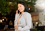Business owner, woman and phone call or tablet for restaurant communication and e commerce management in store. Happy asian person or entrepreneur talking on mobile, digital tech and cafe networking