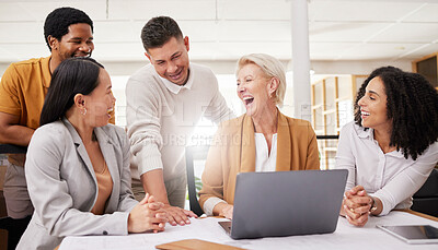 Buy stock photo Business people, teamwork and laughing on computer for marketing meme, collaboration and funny presentation in meeting. Professional manager and group of men and women on laptop and happy planning