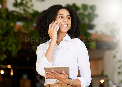 Buy stock photo Woman, phone call and thinking of restaurant communication, e commerce management and news. Happy african person or small business owner talking or ideas on mobile, digital tablet and cafe networking