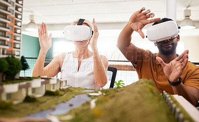 Buy stock photo 3D, architecture and virtual reality, construction people and digital world with future tech, team and building model. Experience, VR goggles and engineering, industry 4.0 and property development