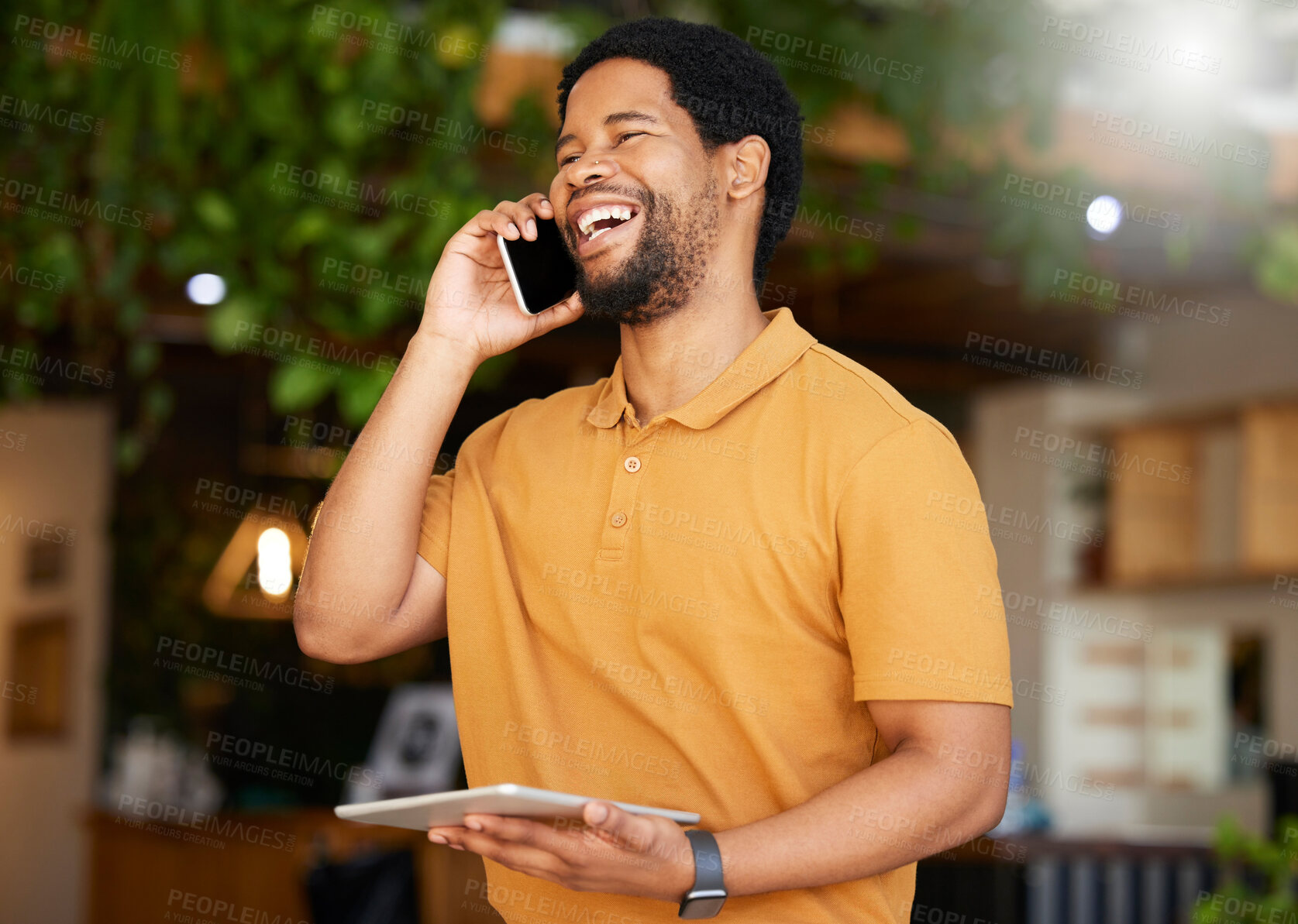 Buy stock photo Business owner, phone call and tablet for restaurant communication, e commerce management, stock or sales. Happy african person or entrepreneur talking on mobile and digital tech for cafe networking