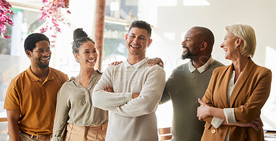 Buy stock photo Portrait, support and arms crossed with a business team in the office for leadership, unity or solidarity. Collaboration, smile and diversity with a happy employee group in the workplace for success