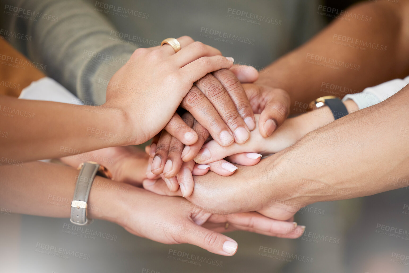 Buy stock photo Office, teamwork and hands in huddle together for team building, collaboration and motivation at startup company. Work, goals and diversity, employees with business growth, development and support.