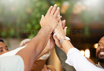 Buy stock photo Office, teamwork and high five in huddle for team building, collaboration and motivation at startup company. Work, goals and diversity, employees celebrate business growth, development and support