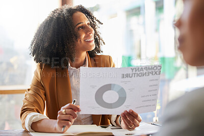 Buy stock photo Happy, meeting and a woman with data for finance of a company, team planning and growth. Smile, thinking and a female accountant or employee with a graph for money management of an agency at work