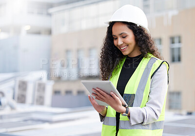 Buy stock photo Engineering, tablet and a woman outdoor for planning, search or communication for project. Female engineer with technology in a city for construction, management or app for maintenance and inspection