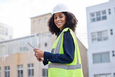 Buy stock photo Tablet, engineering and portrait of a woman outdoor for planning, search or communication for project. African engineer person with technology in a city for construction site, building and inspection