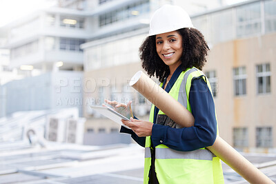 Buy stock photo Engineering, tablet and an architect woman outdoor for planning, search or communication for project. Portrait of engineer person with technology in city for construction, architecture or design app