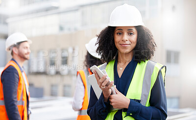 Buy stock photo Engineering, technology and portrait a woman outdoor for planning, building or construction site. African person or engineer with network connection in a city for project management with a team