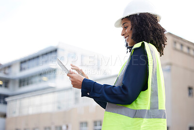 Buy stock photo Engineer woman, tablet and outdoor for planning, search or communication for project management. Black person with technology in a city for construction site, engineering or app for development