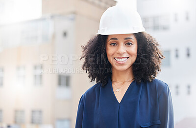 Buy stock photo Architecture, engineering and space with portrait of woman in city for planning, building and industrial. Property, project management and safety with contractor on construction site for mockup