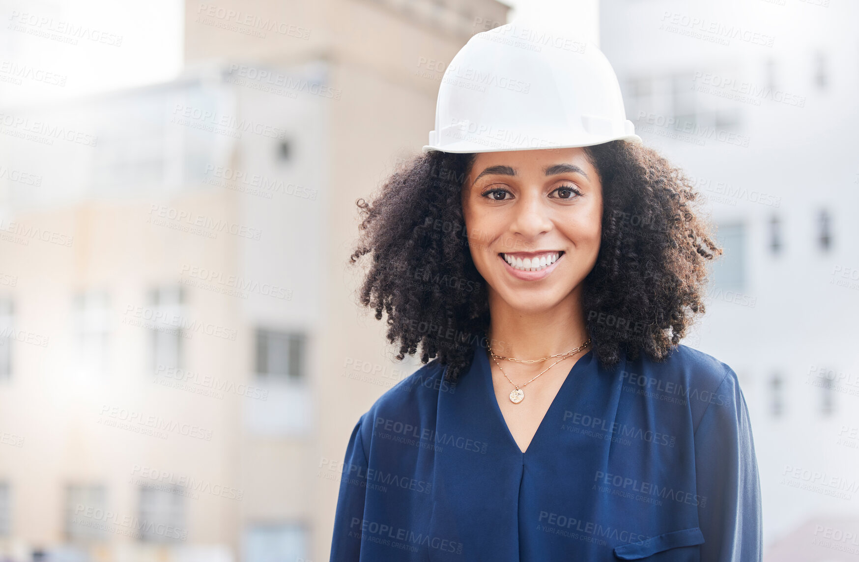 Buy stock photo Architecture, engineering and space with portrait of woman in city for planning, building and industrial. Property, project management and safety with contractor on construction site for mockup