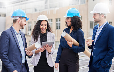 Buy stock photo Architect group, people at construction site and inspection with tablet and blueprint, diversity and happy outdoor. Property development, urban infrastructure and engineering with digital floor plan