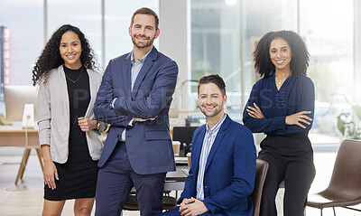Buy stock photo Happy, team and portrait of business people in office with confidence, smile and collaboration. Crossed arms, diversity and professional corporate lawyers working on legal case together in workplace.