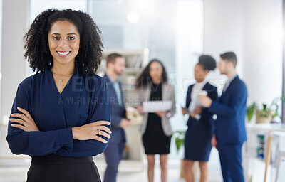 Buy stock photo Crossed arms, leadership and portrait of businesswoman in the office with confidence, smile and team. Career, professional and young female corporate lawyer from Colombia in workplace with colleagues