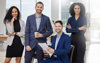 Buy stock photo Smile, team and portrait of business people in office with confidence, professional and collaboration. Crossed arms, diversity and group of corporate lawyers work on legal case together in workplace.