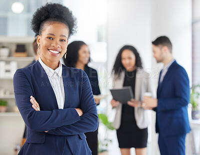 Buy stock photo Crossed arms, confidence and portrait of professional black woman in the office with a smile. Happy, career and young African female attorney with pride standing by a legal team in the workplace.