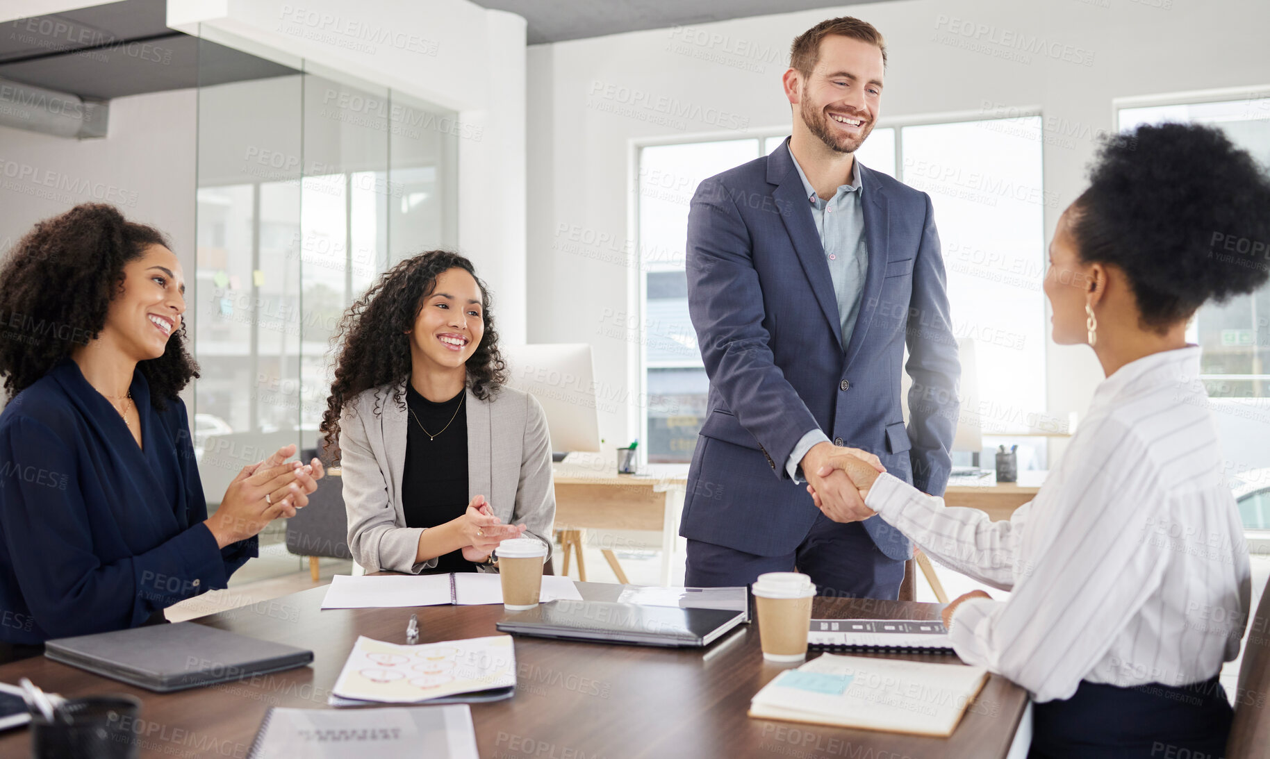 Buy stock photo Handshake, meeting and business people with applause in office for onboarding, collaboration and partnership. Corporate office, team and man and woman shaking hands for agreement, deal and thank you