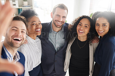 Buy stock photo Group of business people together in selfie with smile, pride and happiness in workplace for company portrait. Photography, proud men and women in office for team building, support and solidarity.