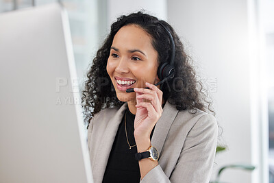 Buy stock photo Call center, customer service and happy consultant or woman speaking online for technical support, advice or help. Employee, talking and consulting person In Mexico working in crm for tech startup 