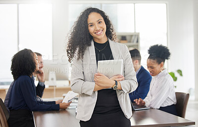 Buy stock photo Business woman, portrait and tablet in meeting with team for project management or discussion of digital marketing strategy. Corporate, employee and professional work in Brazil in online research